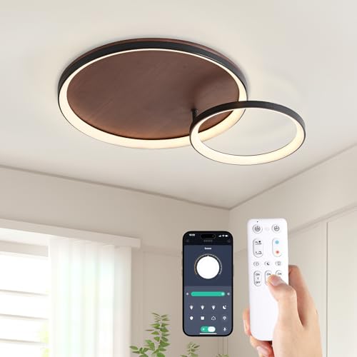 RRBEST LED Deckenlampe Wohnzimmer Holz Deckenleuchte, 28W/42cm Dimmbar Modern Wohnzimmerlampe mit Fernbedienung, 3000K-6000K,2-Ring Design Schlafzimmerlampe f&uuml;r Esszimmer Arbeitszimmer, Holzfarbe