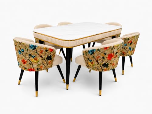 Image of WOODEN SPACE 6-Seater Wooden Dining Table Set | Nano Composite Marble Top | Solid Wood Base | Modern Dining Room Furniture with 6 Chairs (Beige Printed)