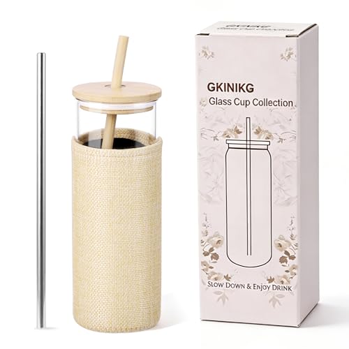 GKINIKG 16 oz Glass Cups with Lids and Straws, Iced