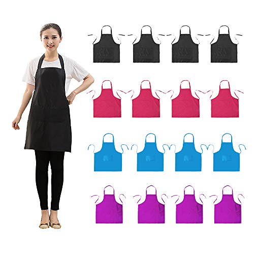 LOYHUANG Bib Apron Adult with 2 Pockets for Women Men Chef Cooking Baking Kitchen Grilling Painting Crafting Restaurant Waitress Waiter with 16 PCS Apron 16 Black Combination