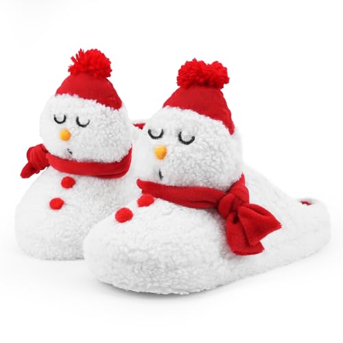 SKYWHEEL Women's Snowman Christmas Family Holiday Slippers for Winter House Outdoor Indoor Bedroom Soft Comfy Plush Warm Non-slip Slippers White Large