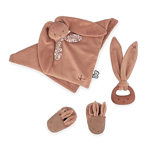 Kaloo, Lapinoo, Newborn Gift Set, Terracotta Colour, 3 Baby Accessories, Baby’s Comforter + Teething Ring + Booties, 11 cm
