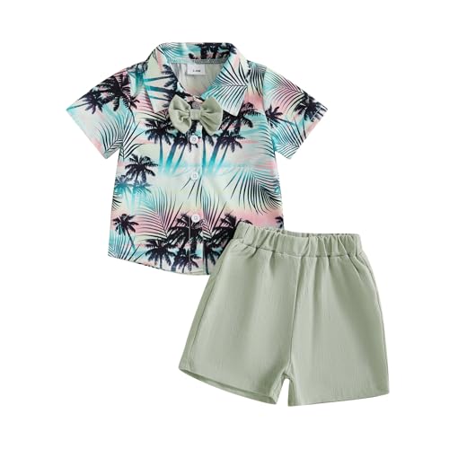 Thorn Tree Toddler Boy Summer Clothes Button Down Shirt & Shorts 2Pcs Tree Printed Casual Beach Outfits (Style B Light Green Set, 3-4 Years)