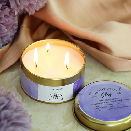 Image of Welburn Veda&Co Scented Wax Candle (85gm, 15 Hr Burn Time) | Aromatherapy Travel Tin Candle | Soy Wax | Induces Sleep & Relaxation | Stress Relief Candle for Bedroom, Meditation & Home Decor