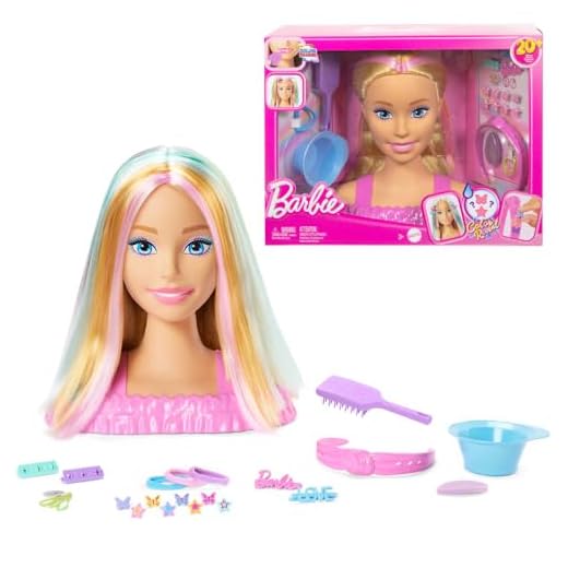 Barbie Tête à Coiffer Color Reveal avec cheveux blonds et plus de 20 accessoires de coiffure, dont des barrettes à cheveux à motif étoile et papillon avec fonction de changement de couleur, JFG81