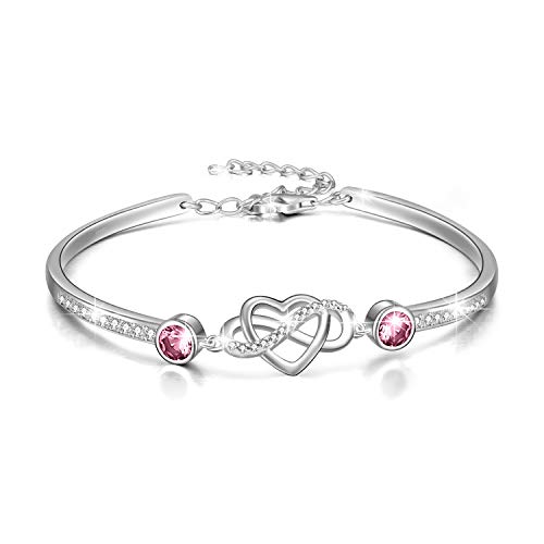 Image of AOBOCO 925 Sterling Silver Infinity Endless Love Heart Birthstone Bangle Bracelet - I Love You Forever Series Adjustable 6-8 in Bracelet with Crystals from Austria Romantic Birthday Jewelry Gift for Women Wife Girlfriend