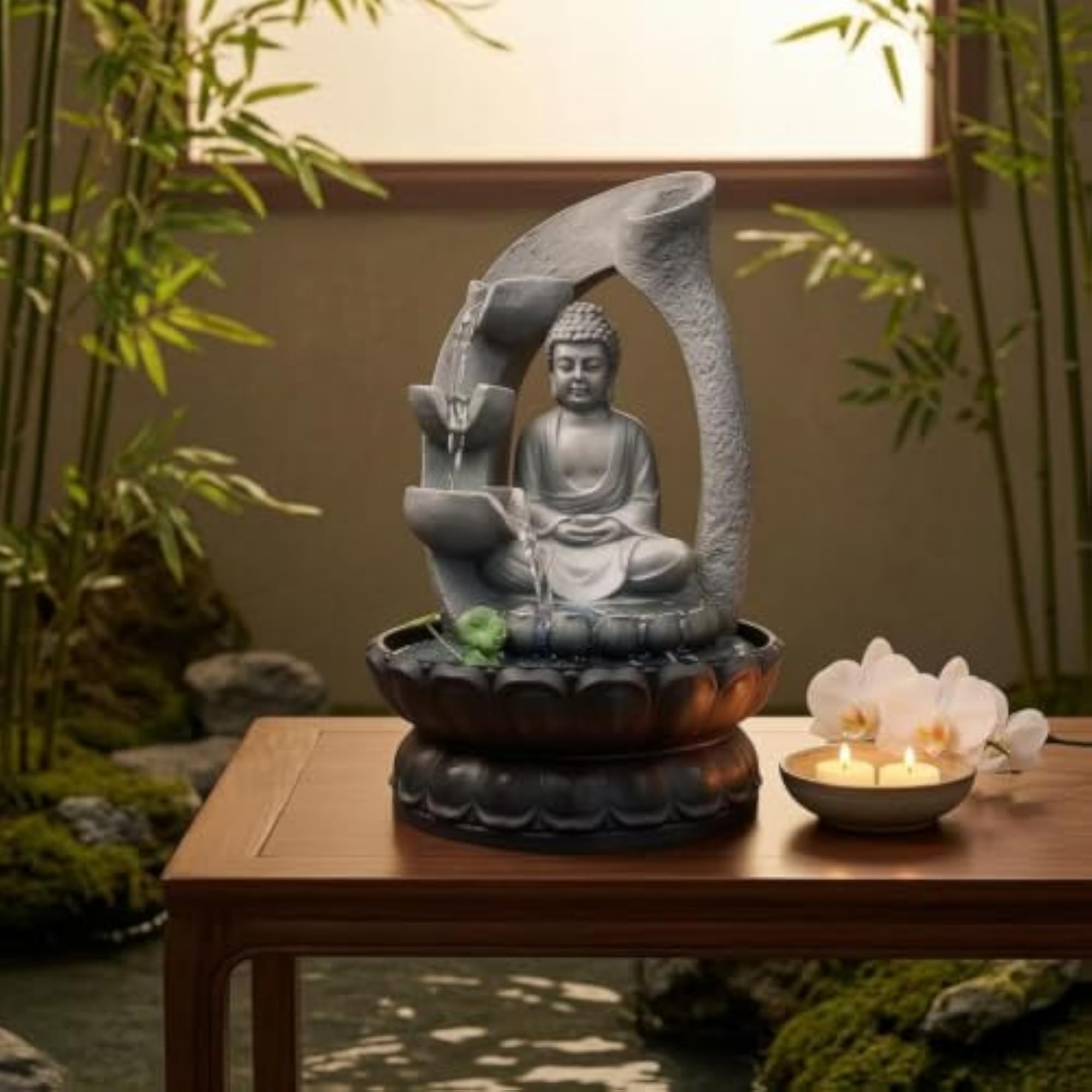 Stone-Look Buddha Tabletop Fountain, Built-in Light Decor