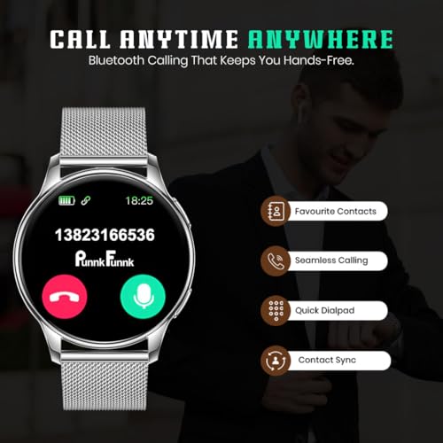 Image of PunnkFunnk Active 5 Smart Watch with 1.3 inch AMOLED HD Display | Bluetooth Calling, AI Voice Assistant, 100+ Sports Modes, Heart Rate & SPO₂ Tracking, IP68 Waterproof for Men & Women- (Millanese Silver)