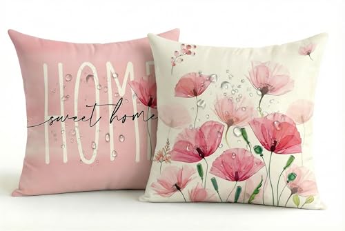 Wasserdichter Outdoor Kissenbezug 45x45 2er Set Garten Balkon Doppelseitig Rosa Blumen Design Modern Dekokissen Leinen-Polyester Mix Sommerfest für Garten Sofa Couch Wohnzimmer Schlafzimmer
