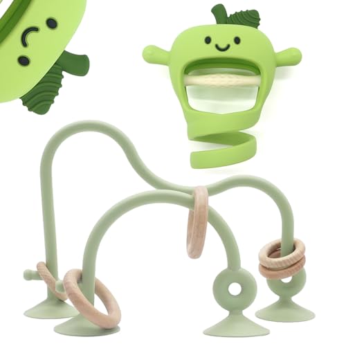 Image of Baby High Chair Suction Toys Teething Chew - Silicone Apple Teething Relief Toys Silicone Teethers Table Toys, Food Grade Silicon for 6 12 18 Months(Green)
