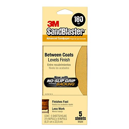 3M 11180-G Sandpaper with No Slip Grip Backing, 180 Grit, 3-2/3 by 9-Inch, Gold, 5 Per Pack