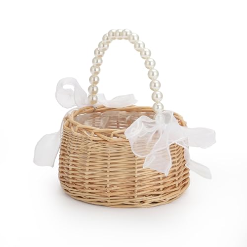 Elegant Wedding Flower Girl Basket with Pearl Handle and Ribbon Bow, Bowknot Satin Flower Basket for wedding, Rustic Handwoven Wicker Flower Basket, Versatile Picnic Basket for Outdoor (1PCS)