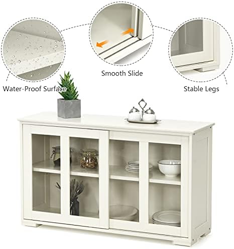 COSTWAY Wooden Storage Cabinet, Buffet Sideboard Server Table with Sliding Door and Adjustable Shelf, Console Cupboard Display Organiser Unit for Home Kitchen Living Room (Cream White, with glass)