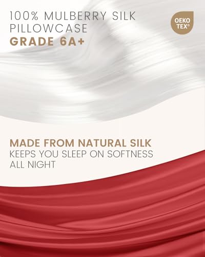 THXSILK 100% Pure Mulberry Silk Pillowcase for Hair and Skin - Upgraded Real Grade 6A+ Mulberry Silk - Durable, Soft & Anti-Aging Silk Pillow Case with Zipper(California King Size 20"x40", Red)