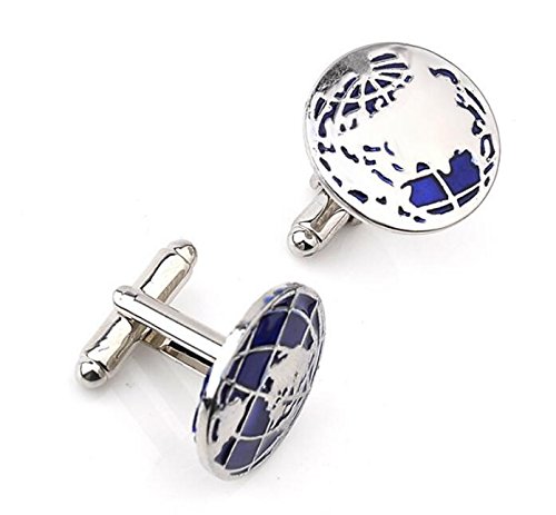 Mancuernillas redondas con mapa mundial azul para hombre miniatura 3