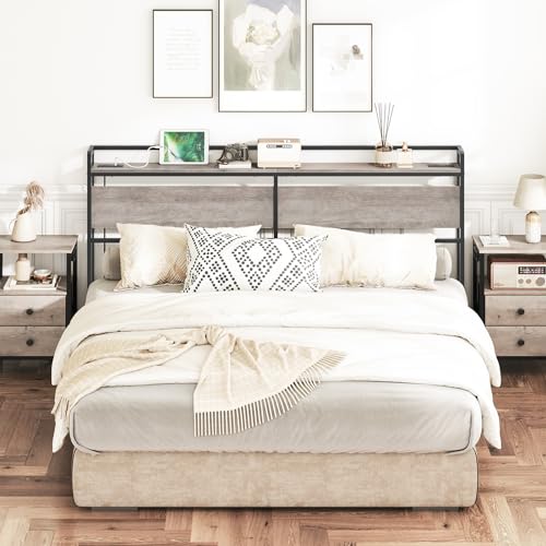 Image of HOOBRO King Size Headboard, Headboard with 2 Outlets and 4 USB Ports, Adjustable Height, Storage Rack, Sturdy and Stable, Easy Assembly, Greige and Black