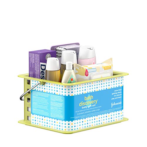 Johnson's Bath Discovery Gift Set For Parents-To-Be, Caddy With Baby Bath Time & Skin Care Essentials, Bath Kit Includes Baby Body Wash, Shampoo, Wipes, Lotion & Diaper Rash Cream, 7 Items #TOP4