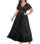 Talisea Plus Size Formal Dresses - V Neck Flutter Sleeve Glitter Prom Evening Gowns Wedding Guest...