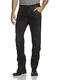 Jeans mit schmal zulaufendem Bein aus dunklem Denim, die graue Highlights und Kreuzschraffurmuster mit Verschleiß und Waschung enthüllt.