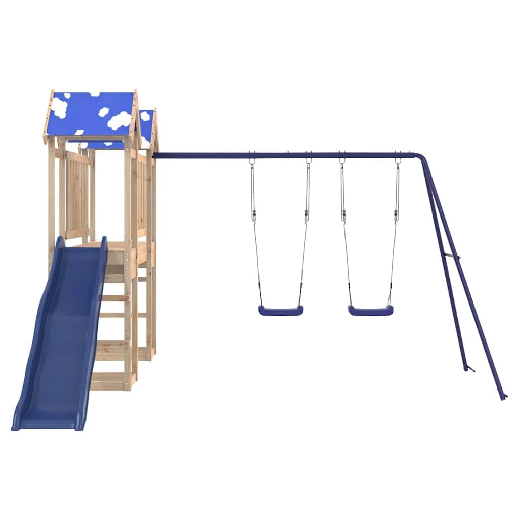 Spielturm Massivholz Kiefer Kinderspielhaus mit Wellenrutsche Doppelschaukel und Sandkasten Gartenspielgerät für Kinder 3-8 Jahre Outdoor Holzspielplatz mit Wolkendach und Klettergerüst