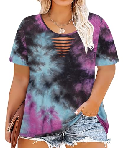 Image of CARCOS Plus Size Tops for Women Short Sleeve Shirts Basic Tee Solid Color Blouse V Neck Tunic Loose Fit Tshirts Summer XL-5XL