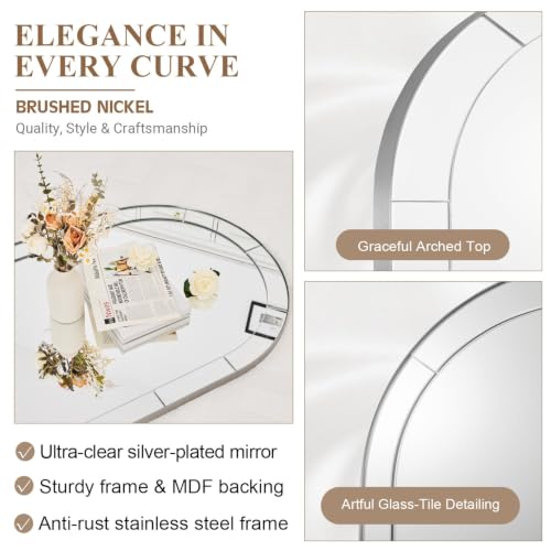 Image of MOON MIRROR Arched Mirror for Bathroom, Bathroom Mirrors for Over Sink, 30x40 inch Brushed Nickel Non-Rusting Vanity Mirror in Delicate Tessellated Glass Design