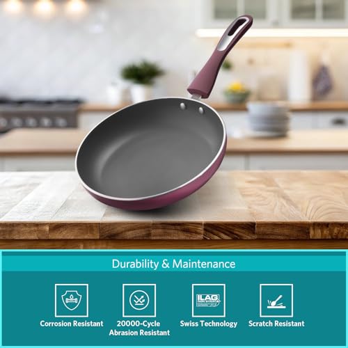 Image of VAYA Hautechef Non-Stick Frypan 24cm, 3-Layer ILAG Swiss Coating, PFOA-Free, Induction Friendly, with Soft-Touch Matching Handle, Color - Maroon