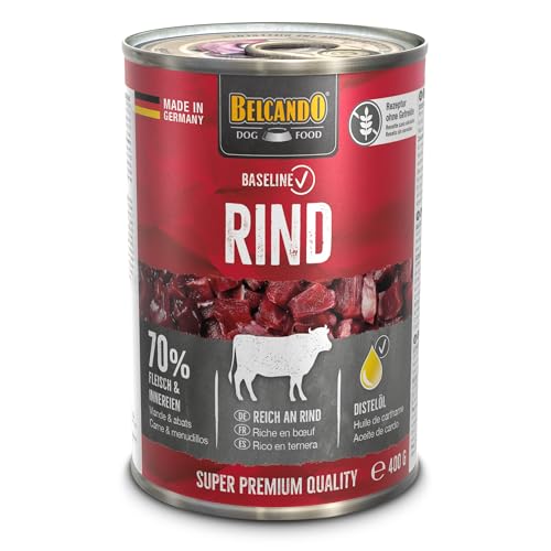 BELCANDO Baseline Nassfutter für Hunde, Rind, 6X 400g Dose, 70% Fleisch für ausgewachsene Hunde, Hundefutter nass ohne Getreide, Made in Germany