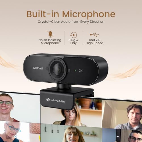 Image of Lapcare 2K USB Webcam, 5P Lens, 5.0MP Camera, Noise isolating Microphone,Auto-White Balance, Auto-Exposure, Built-in Mic, for Teams, FaceTime, PC /Laptop