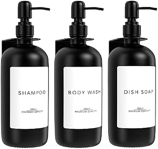 Otoomenz 3 Pack Wall Mounted Glass Soap Dispenser Bottle with Pump, Drilling&No Drilling Installtion Shower Soap and Conditioner Dispenser, Shampoo Dispenser for Bathroom with 18 Waterproof Labels