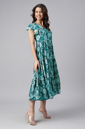 Image of Janasya Women's Georgette Printed Flared Western Dress
