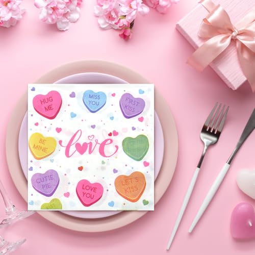 Image of 40 Pack Valentine's Day Paper Napkins - 13 x 13 Inches Colorful Heart Love Message Disposable Serviettes Luncheon Cocktail Napkin Party Supplies for Weddings, Anniversaries, and Romantic Celebrations