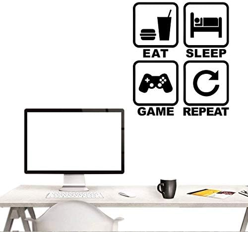 Eat Sleep Game Repeat Wall Decal, Gamer Wall Stickers Murals, Removable Vinyl Cute Controller Art Design Gamers World Wall Decor for Teen Kids Boys Bedroom Playroom Home Decoration Wallpaper