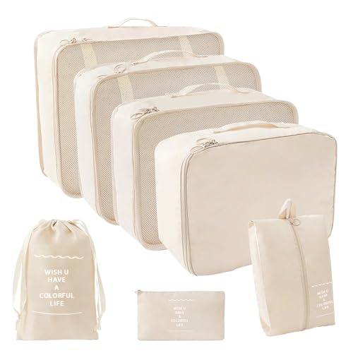 Aiiyugo Travel Packing Cubes Set for Storage Luggage 7-Piece Lightweight Suitcase Organizer Bags with Toiletry & Laundry Pouches Clothes and Shoes Foldable Storage Bags for Travel Business(Beige)