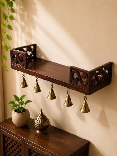 Image of Elcom Handicrafts Wooden Wall Mounted Temple Shelf with 5 Hanging Brass Bells | Decorative Pooja Shelf for Home Temple, Entrance, Living Room & Office | Dark Brown Finish