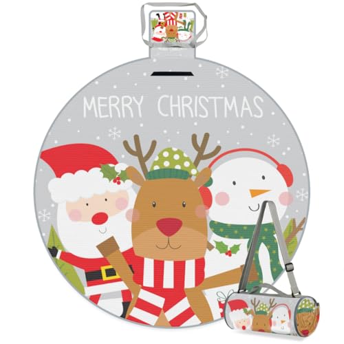 Shimoshe Cartoon Santa Claus Snowman Elk Picnic Outdoor Blanket Foldable Waterproof Sandproof Beach Blanket Portable Water-Resistant Round Picnic Mat for Travel Camping Park Lawn