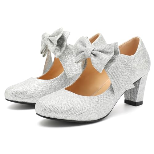 Women's Bow Heels Mary Jane Block Chunky Heel Pumps Round Toe Comfortable Low Heels Wedding Evening Party Dress Shoes2
