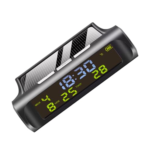 JECOMPRIS Solar Powered Car Clock, Thermometer Digital Dashboard Alarm Mini LED Display 3-in-1 Small Automotive Stick on Time Date Watch Electronic Dash Gauge for Auto