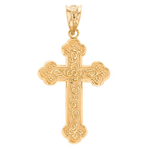 Religious Jewelry 10k Yellow Gold Eastern Orthodox Floral Rose Cross Pendant