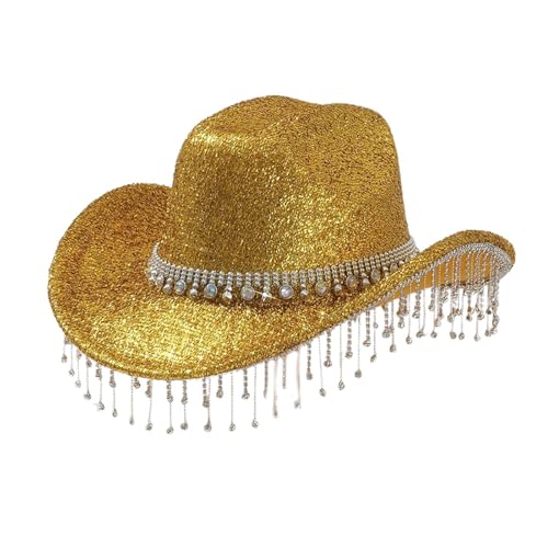 Chapeau Panama en cristal doré et strass éclatants pour spectacles de scène
