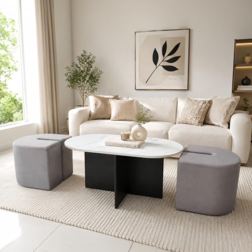 Image of The Attic Norwood Coffee Table, Coffee Table for Living Room, Coffee Table with 2 stools Solid Wood Centre Table with Ceramic Top, Black Finish