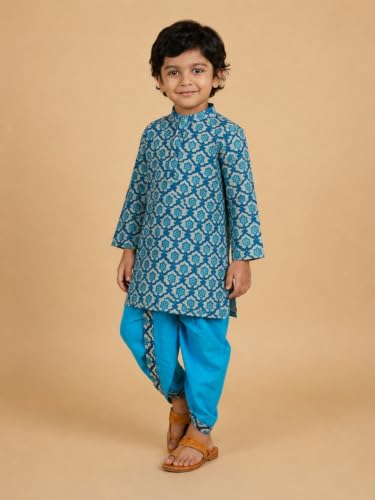 Image of The Mom Store Baby /Kids Boys Dhoti Kurta Set | Dhoti and Kurta | 100% Cotton | Comfortable | Ethnic | Festive Look | Block Prints | Colored Dhoti | Blue