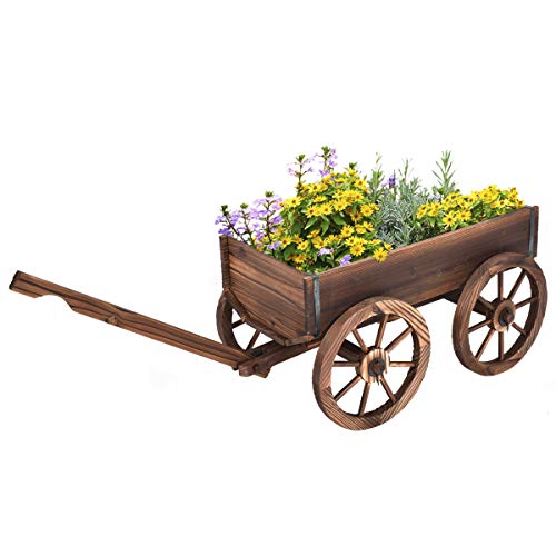 GIANTEX Brouette Fleurs en Bois de Sapin, Jardiniere Brouette avec 4 Grands Roues, Longue Poignée Réglable, Idéal pour Jardinage Extérieur, 75 x 43 x 54 cm, Marron