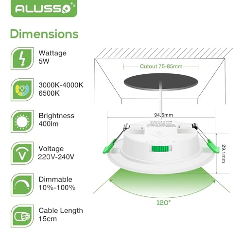 ALUSSO LED Downlights Ultra Slim 5W LED Recessed Ceiling Lights Dimmable,Warm White 3000K Neutral White 4000K Cool White 6500K Adjustable,IP44 Round Spotlights for Bathroom Kitchen Living Room,6 Pack