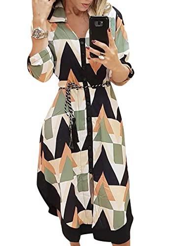 Image of YMING Womens Long Sleeve Button Down Shirt Dresses Casual Floral Print Maxi Dress Loose Fit Split Blouse Dress