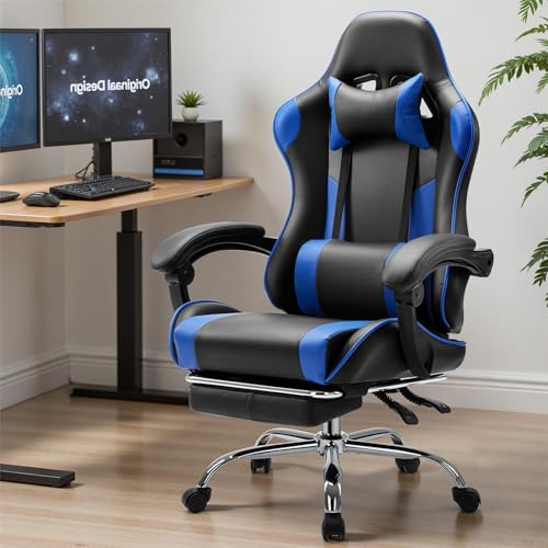 Sweetcrispy Computer Video Game Desk Chair - Ergonomic Comfy Lumbar Support with Footrest, PU Leather Recliner with Headrest, Fixed Up Armrest, Height Adjustable and 360° Swivel, for Adults, Blue