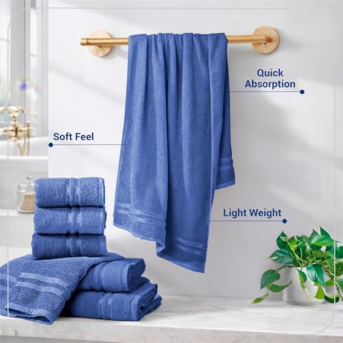 Image of 100% Cotton Terry Ultrasoft and Quick Absorbent 380 GSM Solid 6 pcs. Quick Dry Bath Towel Set for Bathroom or Gifting Towel Set (Blue)