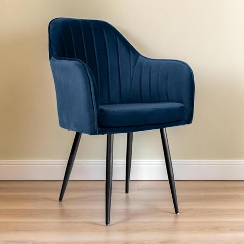 Image of Velvet Accent Chair | Luxury Upholstered Armchair with Sturdy Metal Legs | Modern Comfortable Chair for Living Room, Bedroom, Office, or Cafe (Black Legs, Blue)
