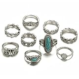 BELICEY Boho Turquoise Knuckle Stacking Rings Kit Silver Crystal Rhinestone Finger Statement Ring Se