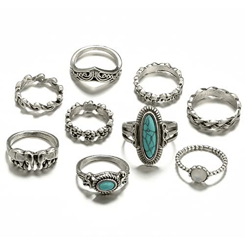 Belicey Boho Turquoise Knuckle Stacking Rings Kit Silver Crystal Rhinestone Finger Statement Ring Sets Vintage Joint Knot Mid Rings Stackable Rings Jewelry Accessories For Women #TOP6